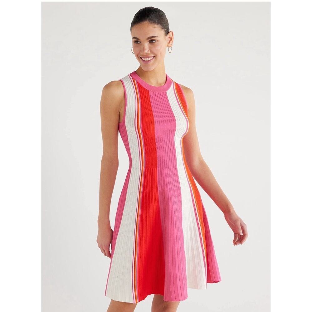 Scoop Women's Sleeveless High Neck Stripe Mini Sweater Dress Size XL